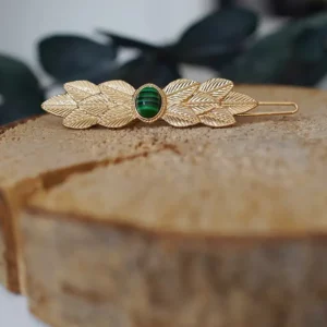 Barrette feuillage doré et pierre verte – Albana